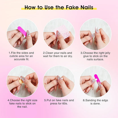 Biutee Press On Nails – Medium Almond Pink with Butterfly Rhinestones, 13PCS