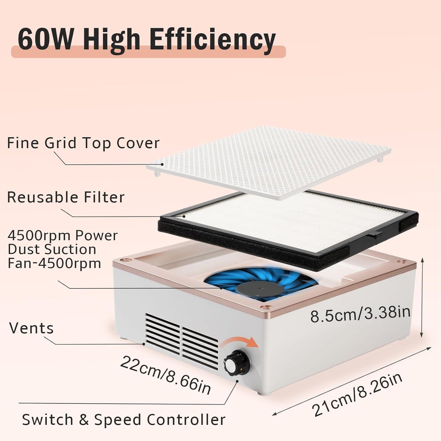 BIUTEE Nail Dust Collector 60W–Adjustable Vacuum Cleaner for Acrylic & Gel Nails