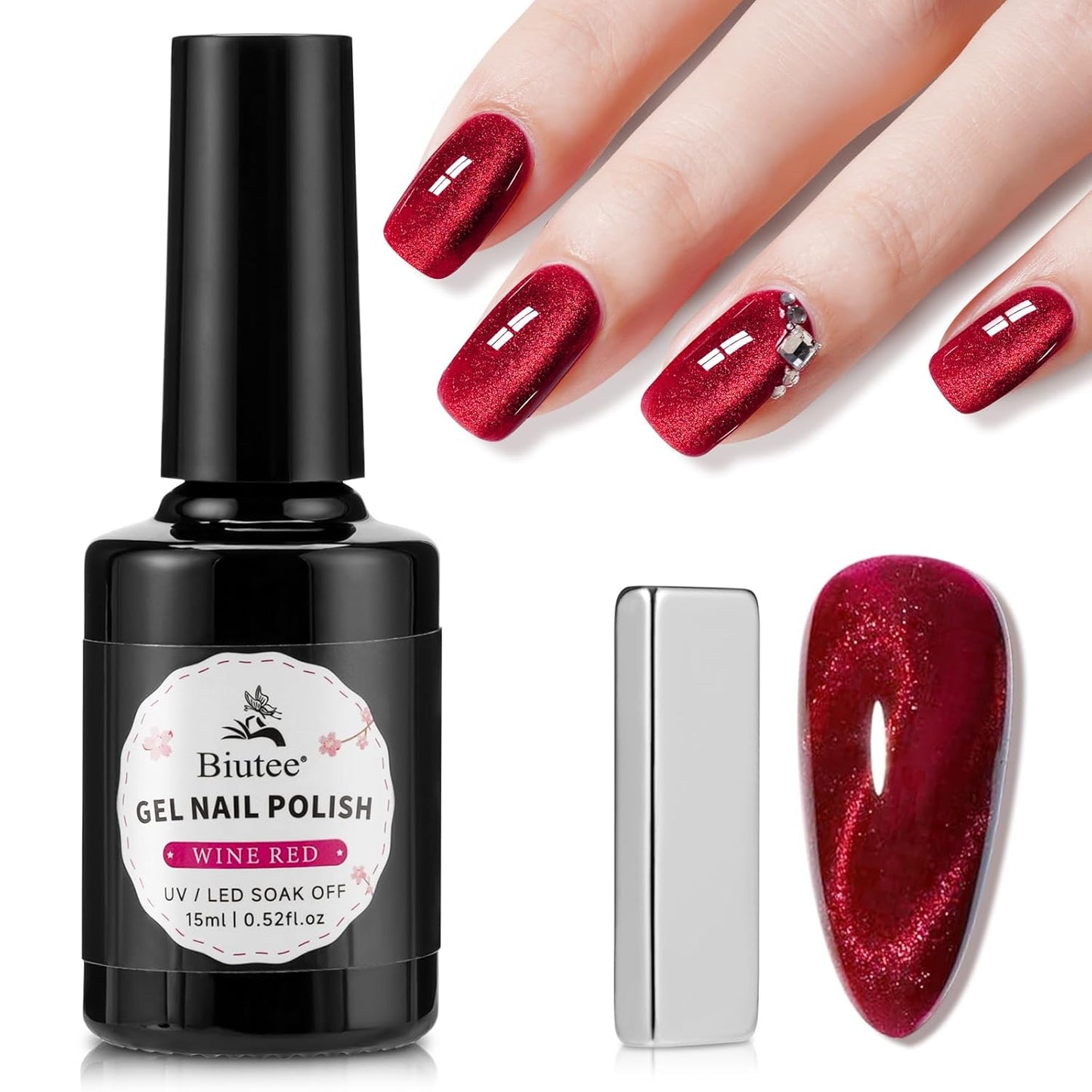BIUTEE Wine Red/Pink/Silver Cat Eye Gel Polish 15ml – Magnetic Burgundy UV Soak Off Gel with Magnet Stick