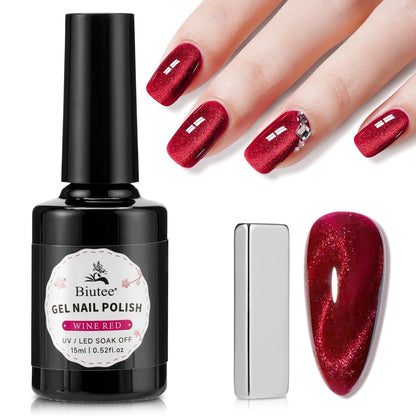 BIUTEE Wine Red/Pink/Silver Cat Eye Gel Polish 15ml – Magnetic Burgundy UV Soak Off Gel with Magnet Stick