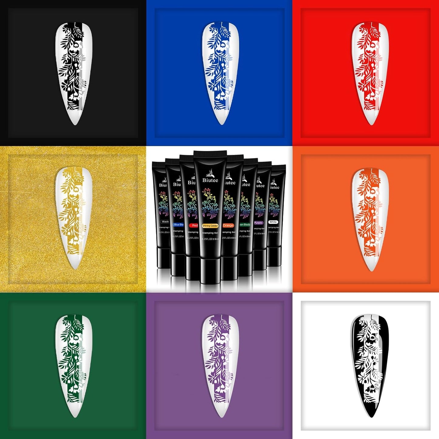 BIUTEE 8 Colors Nail Stamping Polish Gel Kit – Stamper, Templates, Peel Off Tape, Top Coat & Scraper for DIY Nail Art Design