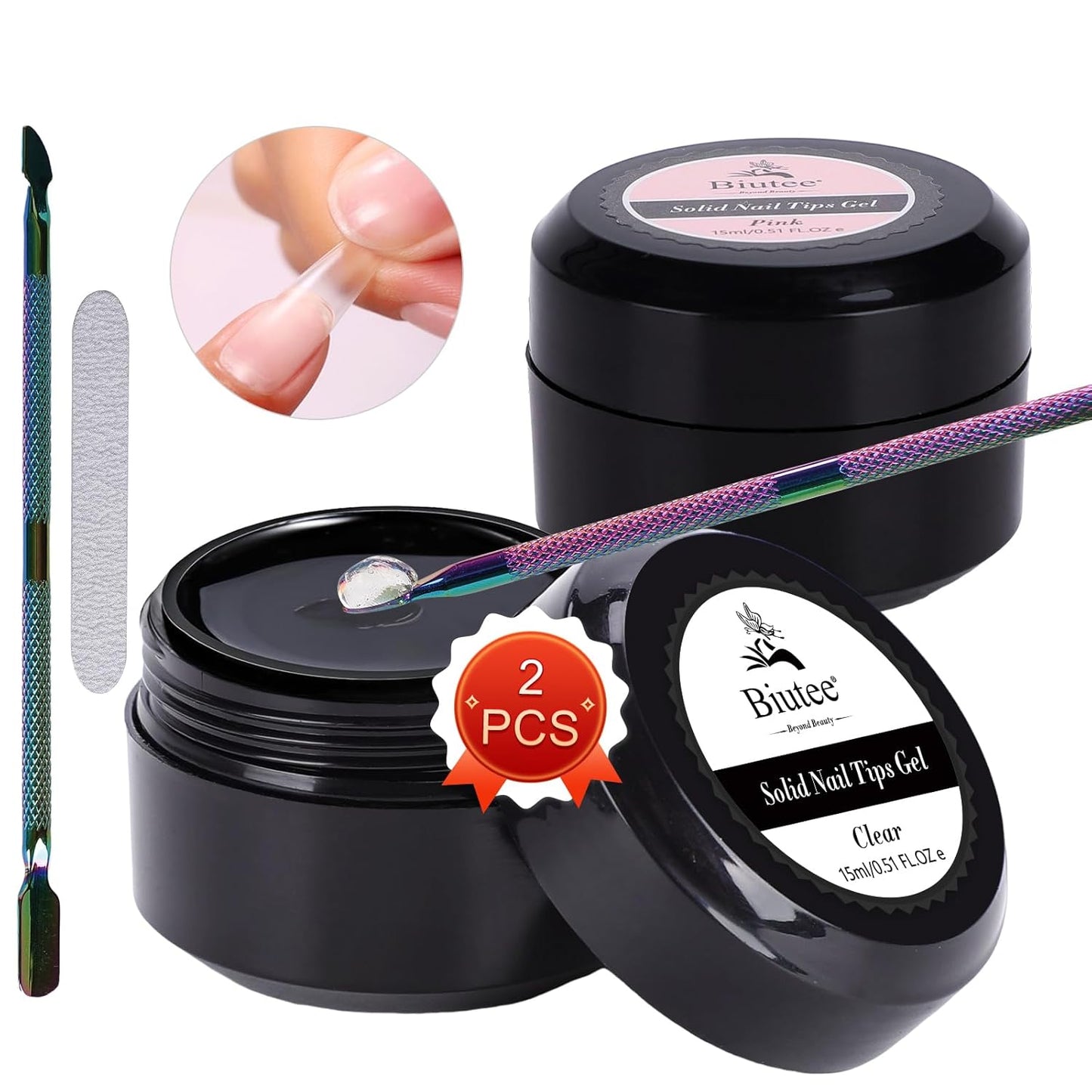 Biutee Solid Nail Tips Gel – Professional Nail Art Glue for Extensions & Artificial Fingernails, 15ml x 2