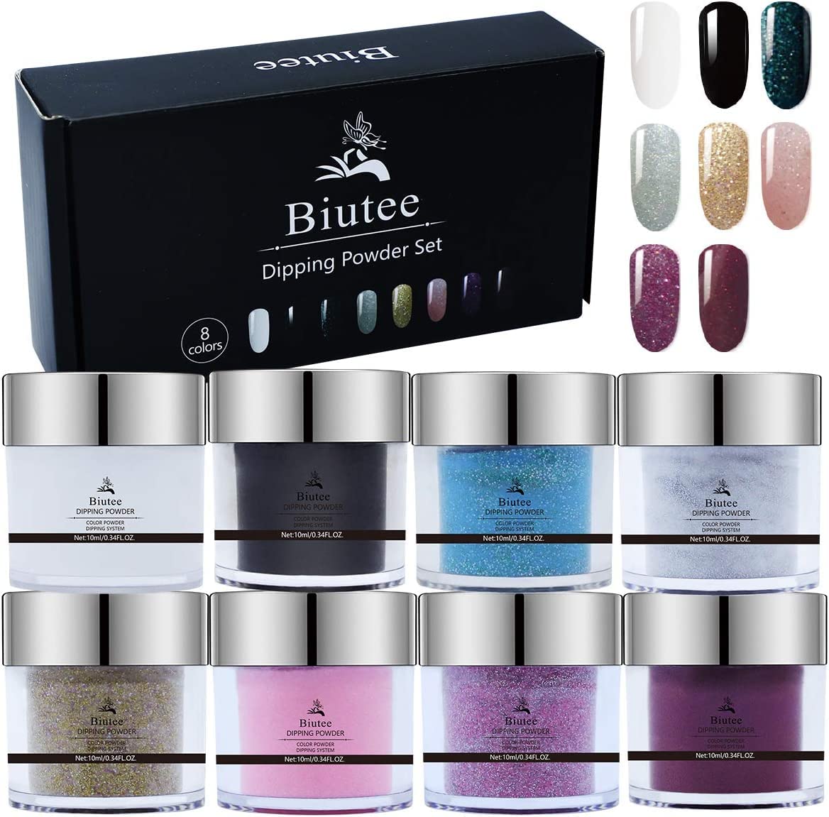 BIUTEE Dipping Nail Powder Kit – 8 Colors, Glitter & Classic Shades, 0.34 oz Each