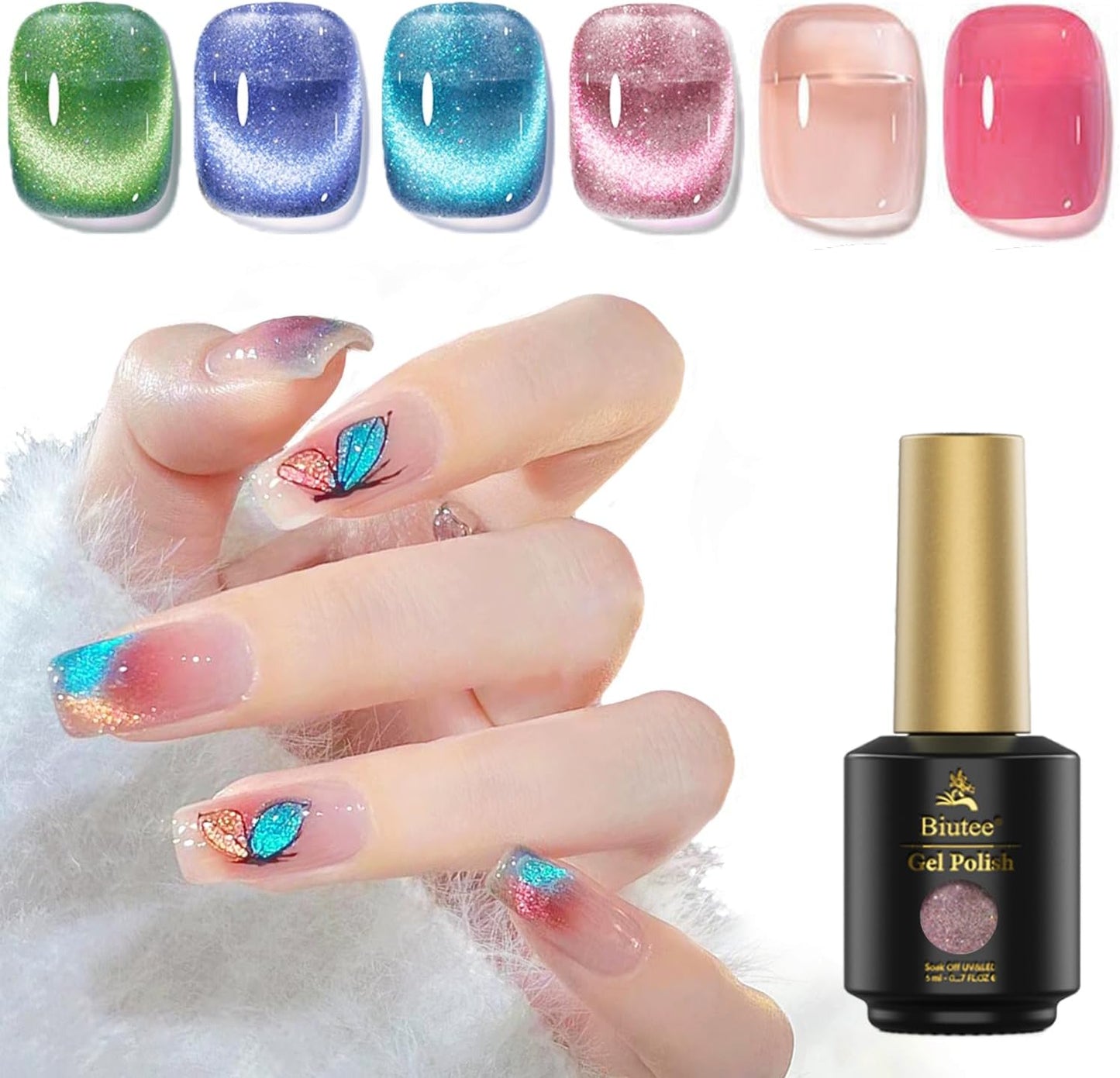 Biutee Reflective Cat Eye Gel Set – 6 Sparkling Aurora Colors for DIY Nails