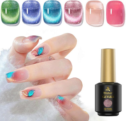 Biutee Reflective Cat Eye Gel Set – 6 Sparkling Aurora Colors for DIY Nails