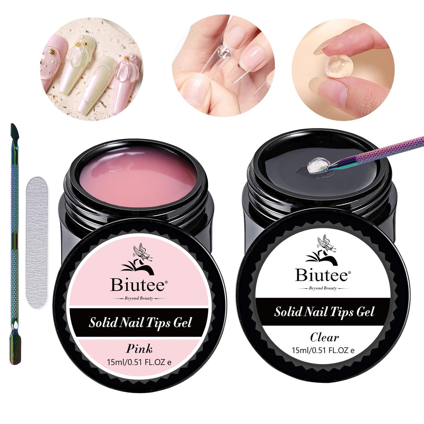 Biutee Solid Nail Tips Gel – Professional Nail Art Glue for Extensions & Artificial Fingernails, 15ml x 2