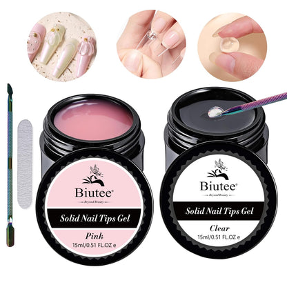 Biutee Solid Nail Tips Gel – Professional Nail Art Glue for Extensions & Artificial Fingernails, 15ml x 2