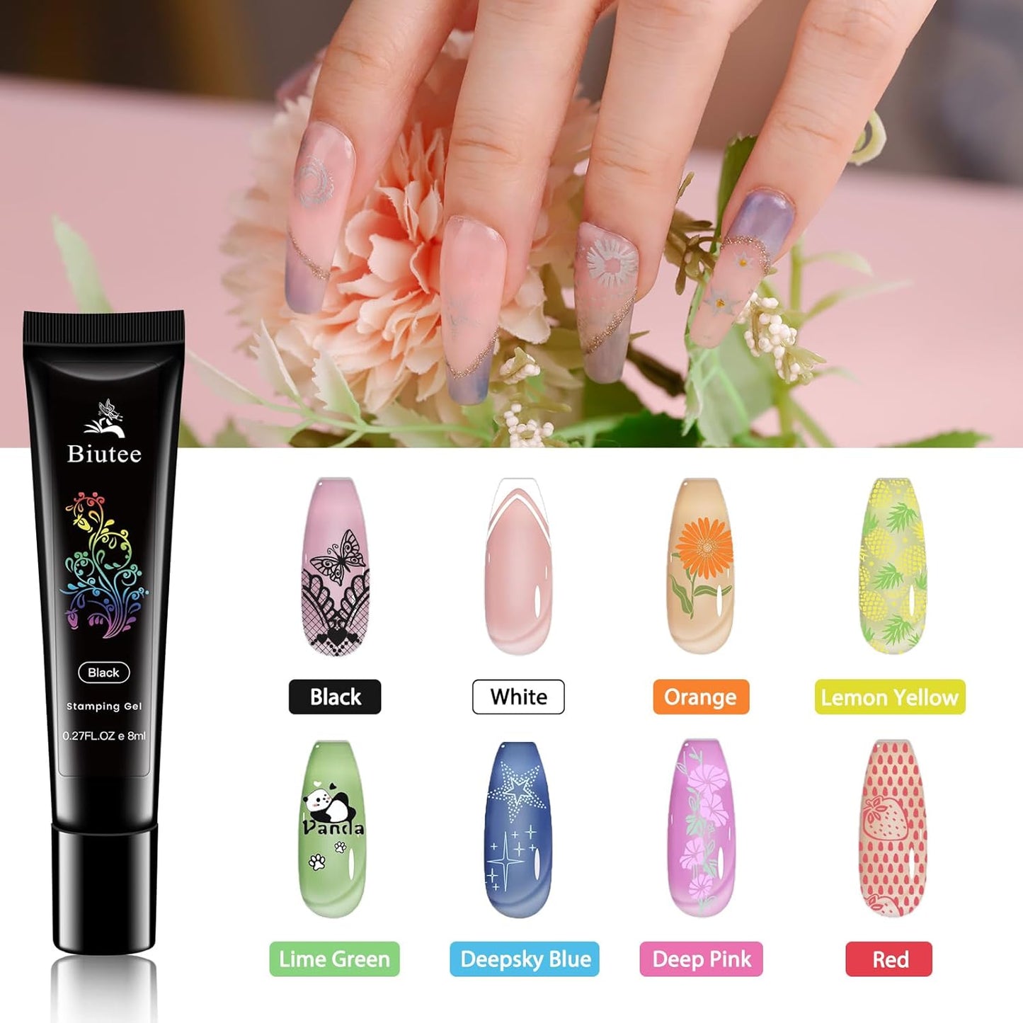 Biutee Fresh Nail Stamping Kit – 10 Plates, Stamper & 8 Colors Gel
