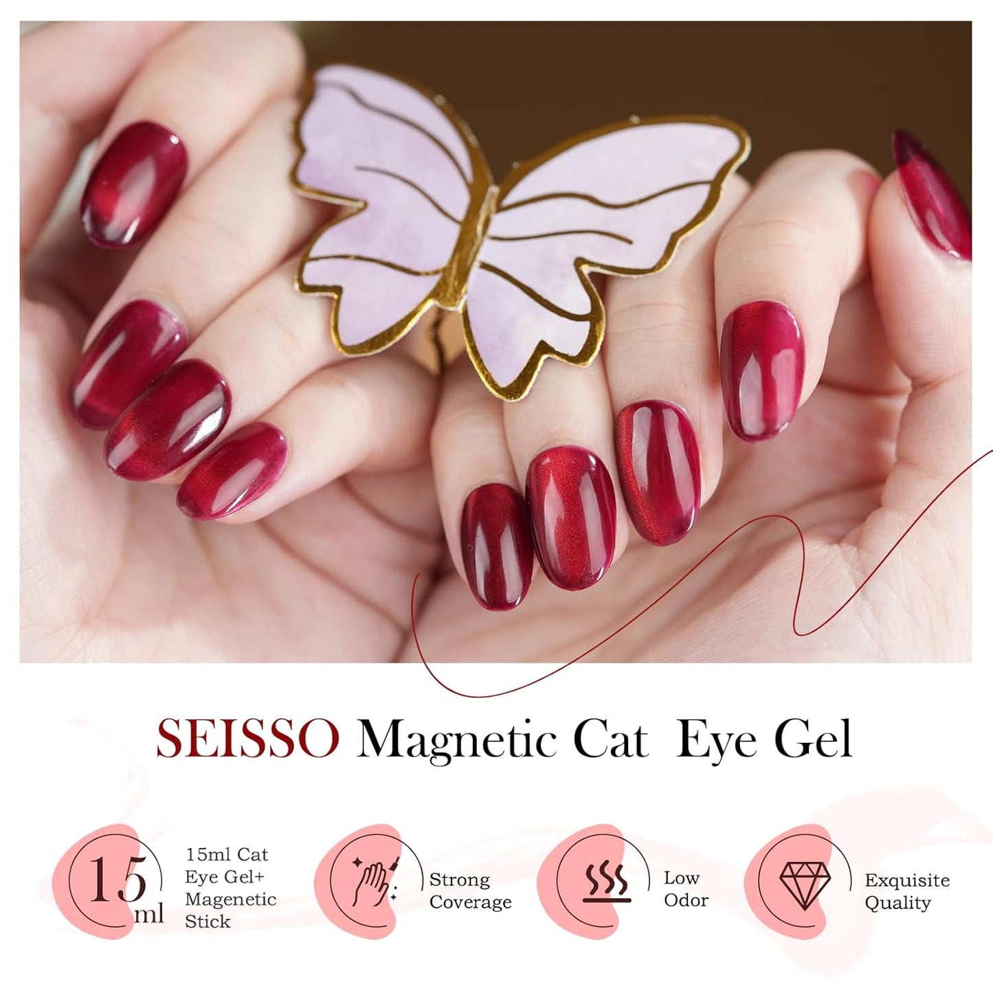 BIUTEE Wine Red/Pink/Silver Cat Eye Gel Polish 15ml – Magnetic Burgundy UV Soak Off Gel with Magnet Stick
