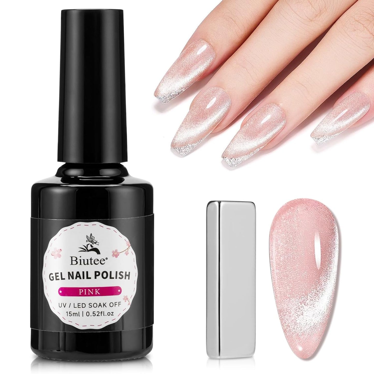 BIUTEE Wine Red/Pink/Silver Cat Eye Gel Polish 15ml – Magnetic Burgundy UV Soak Off Gel with Magnet Stick