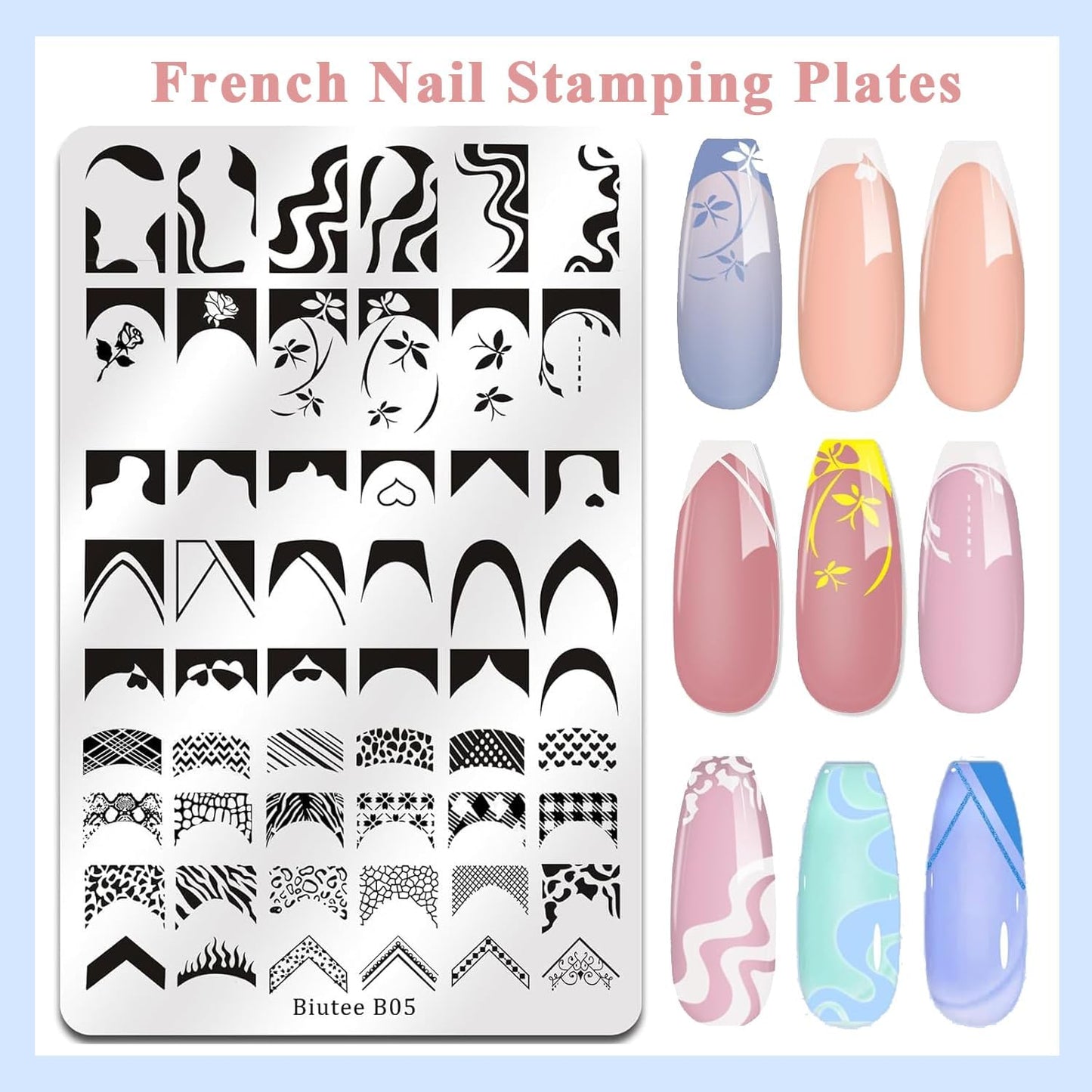 Biutee 2PCS Nail Stamping Plates Set – 110 Patterns French Line, Lace & Flower Nail Art Templates with Scraper & Stamper