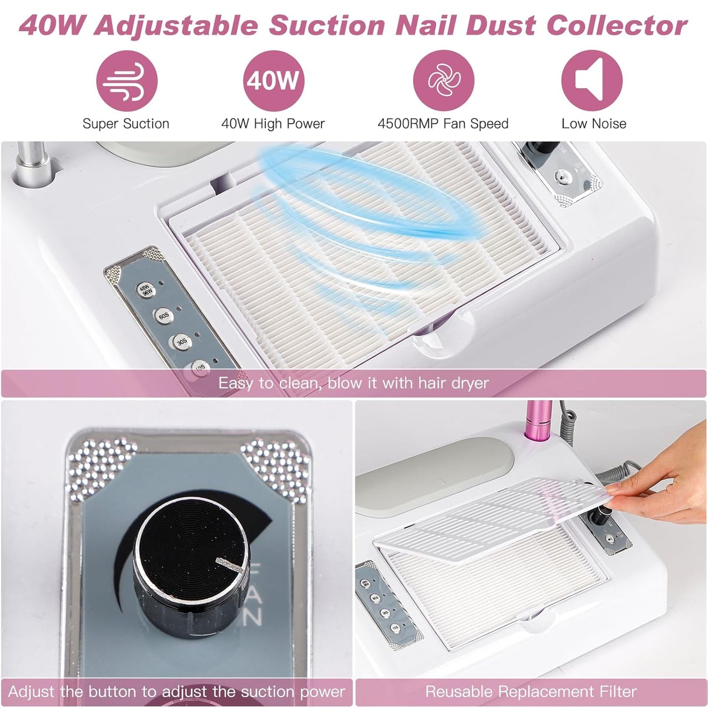 Biutee 5-in-1 Nail Dust Collector & Electric Nail Drill 80W with 48W/96W UV LED Lamp – Professional Nail Art Tool