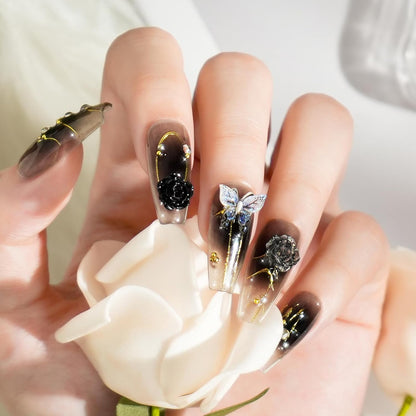 Biutee False Nails – Black French Tip Press On with Bows, 10PCS & Adhesive