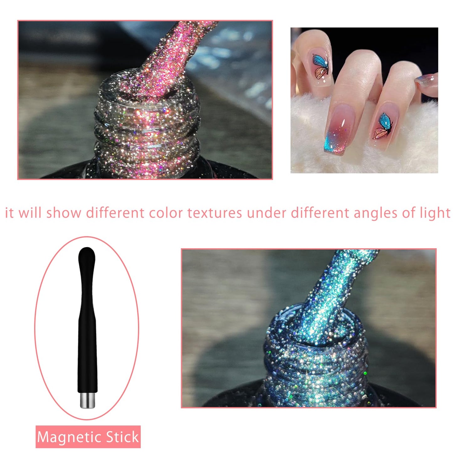 Biutee Cat Eyes Magnetic Gel – Holographic Soak Off Nail Polish UV/LED with Magnetic Stick for Salon