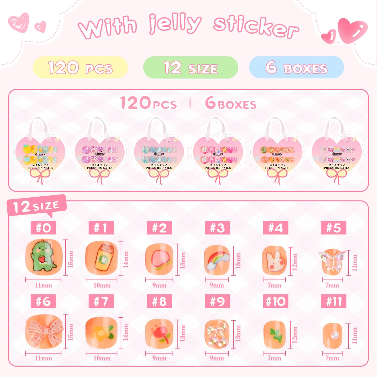 Biutee Kids Press on Nails 72PCS-French Style 3D False Nails for Girls