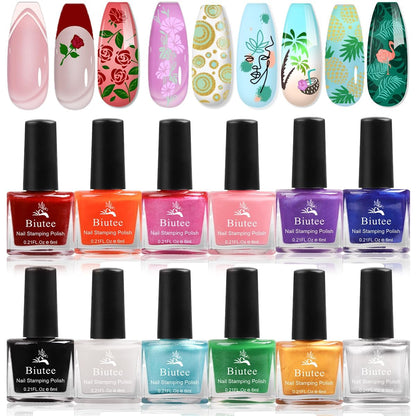 Biutee Nail Stamping Polish 12 Colors 6ML for Stamping Plates Air Dry With Gift Box