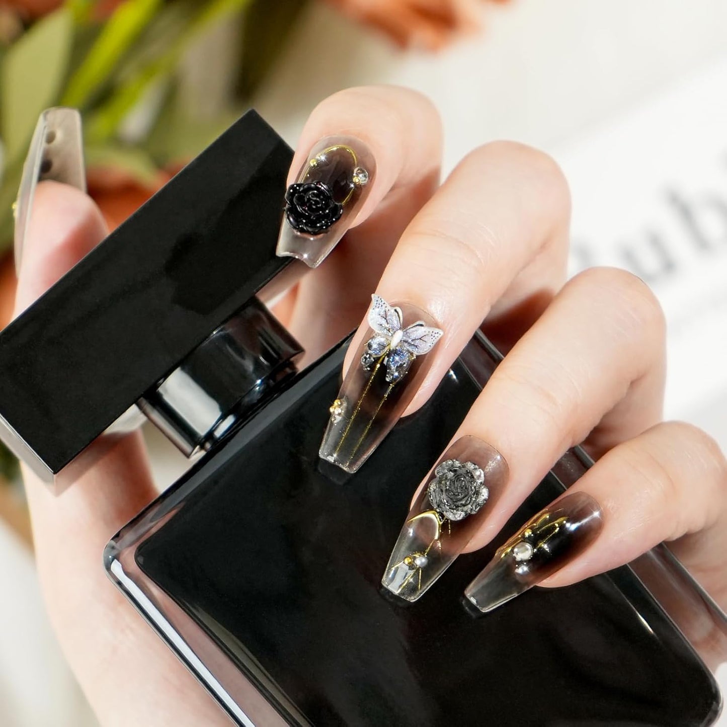 Biutee False Nails – Black French Tip Press On with Bows, 10PCS & Adhesive