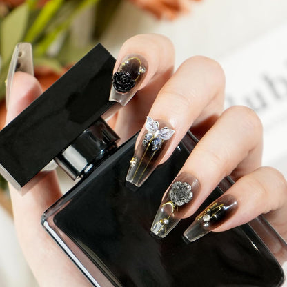 Biutee False Nails – Black French Tip Press On with Bows, 10PCS & Adhesive