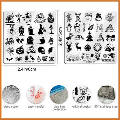 BIUTEE Nail Stamping Plates Set – 15PCS with Stamper, Scraper, Storage Bag & Holiday Designs