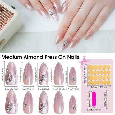 Biutee Press On Nails – Medium Almond Pink with Butterfly Rhinestones, 13PCS