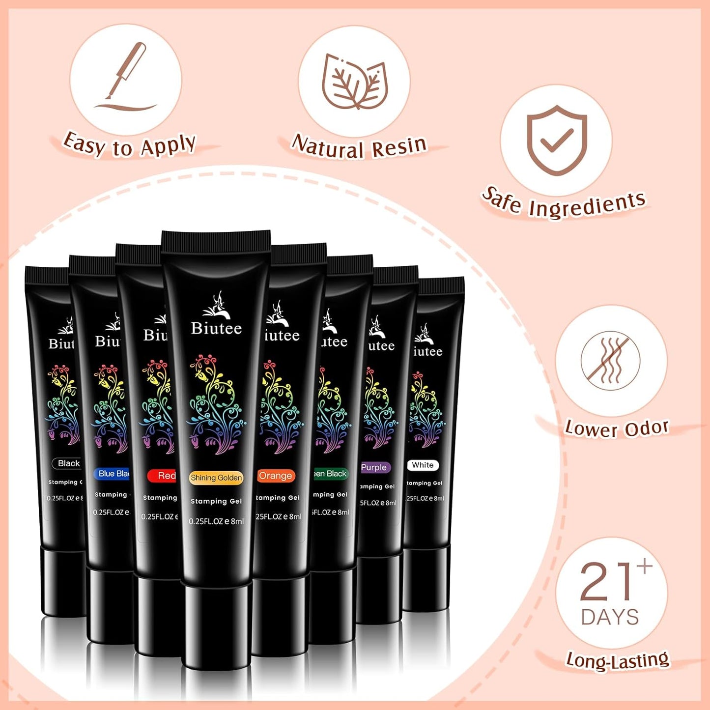 BIUTEE 8 Colors Nail Stamping Polish Gel Kit – Stamper, Templates, Peel Off Tape, Top Coat & Scraper for DIY Nail Art Design