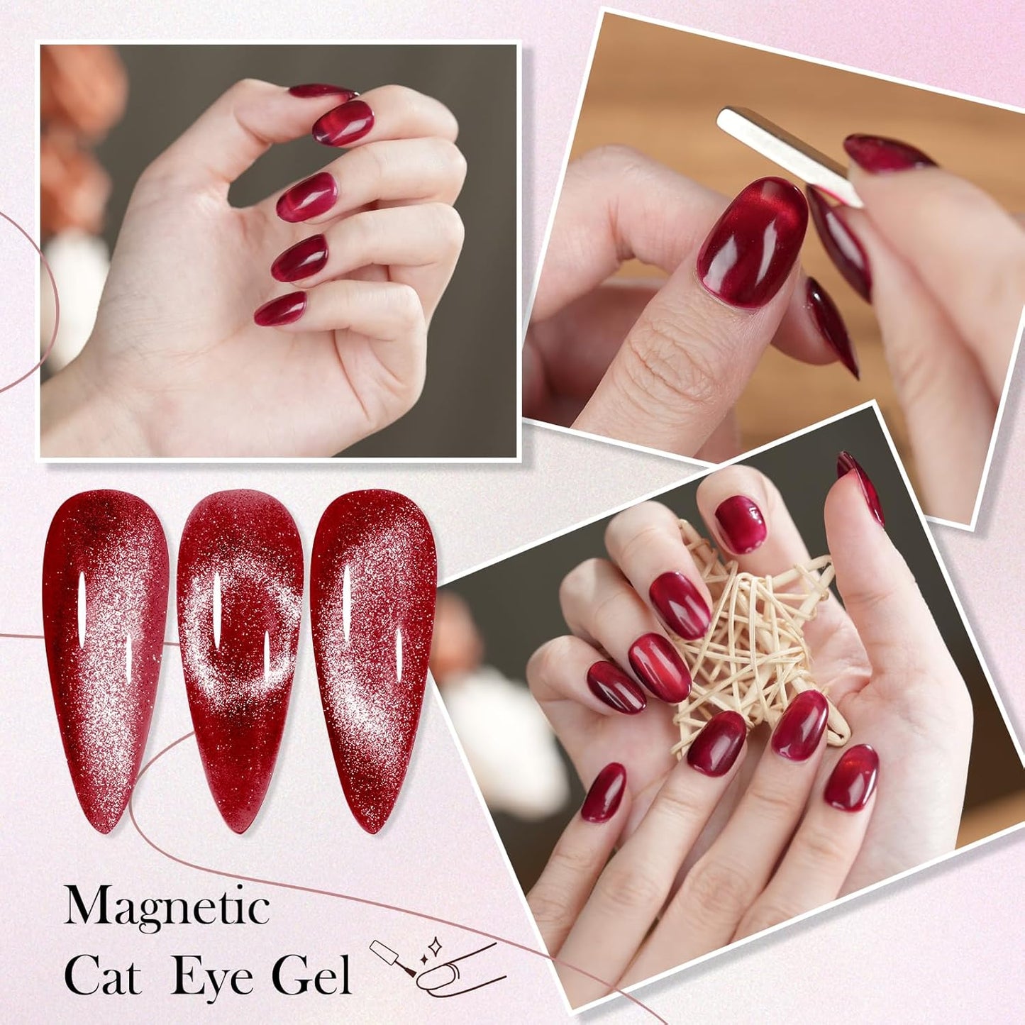 BIUTEE Wine Red/Pink/Silver Cat Eye Gel Polish 15ml – Magnetic Burgundy UV Soak Off Gel with Magnet Stick