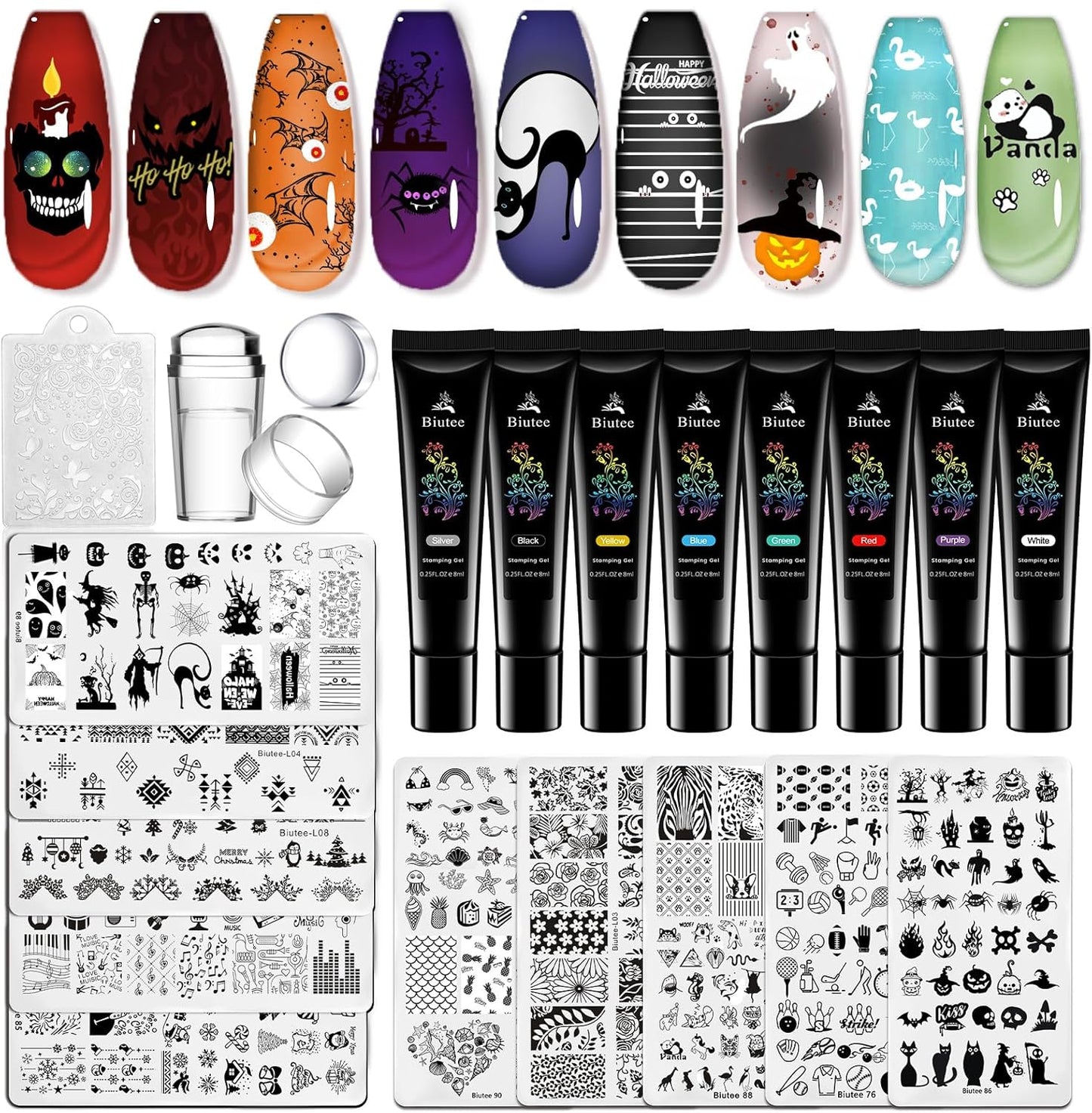 Biutee Nail Stamping Kit – 10 Plates & 8 Gel Polish, French & Halloween Designs