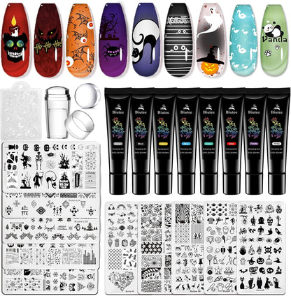 Biutee Nail Stamping Kit – 10 Plates & 8 Gel Polish, French & Halloween Designs