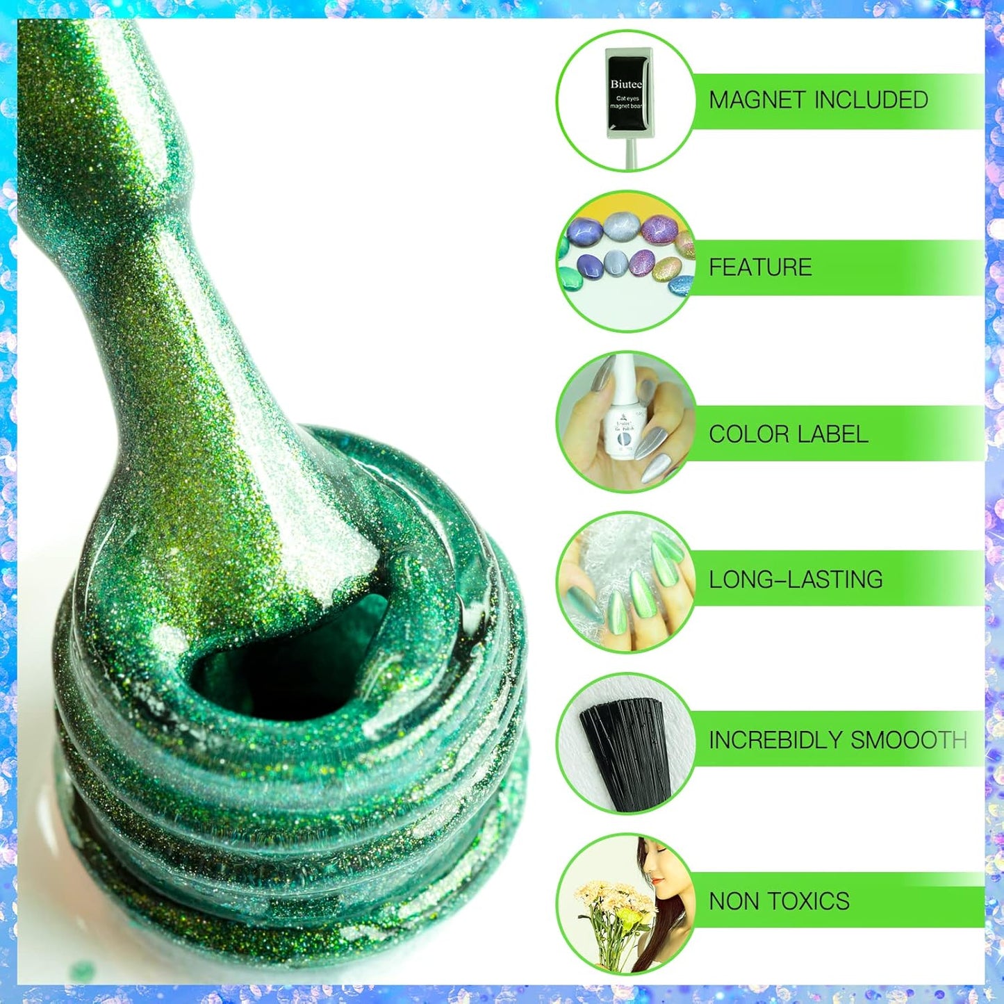 Biutee Magnetic Cat Eye Gel Set – 6 Colors, 8ml UV/LED Soak-Off, Light-Changing & Glitter Nail Polish