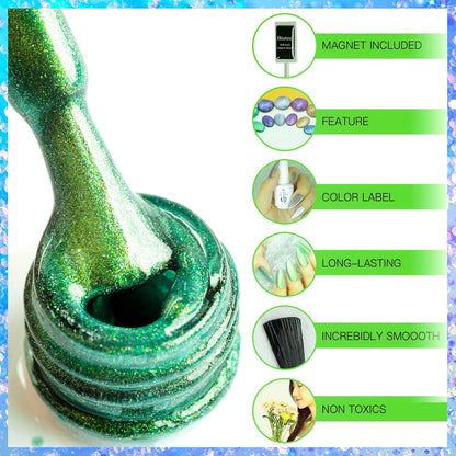 Biutee Magnetic Cat Eye Gel Set – 6 Colors, 8ml UV/LED Soak-Off, Light-Changing & Glitter Nail Polish