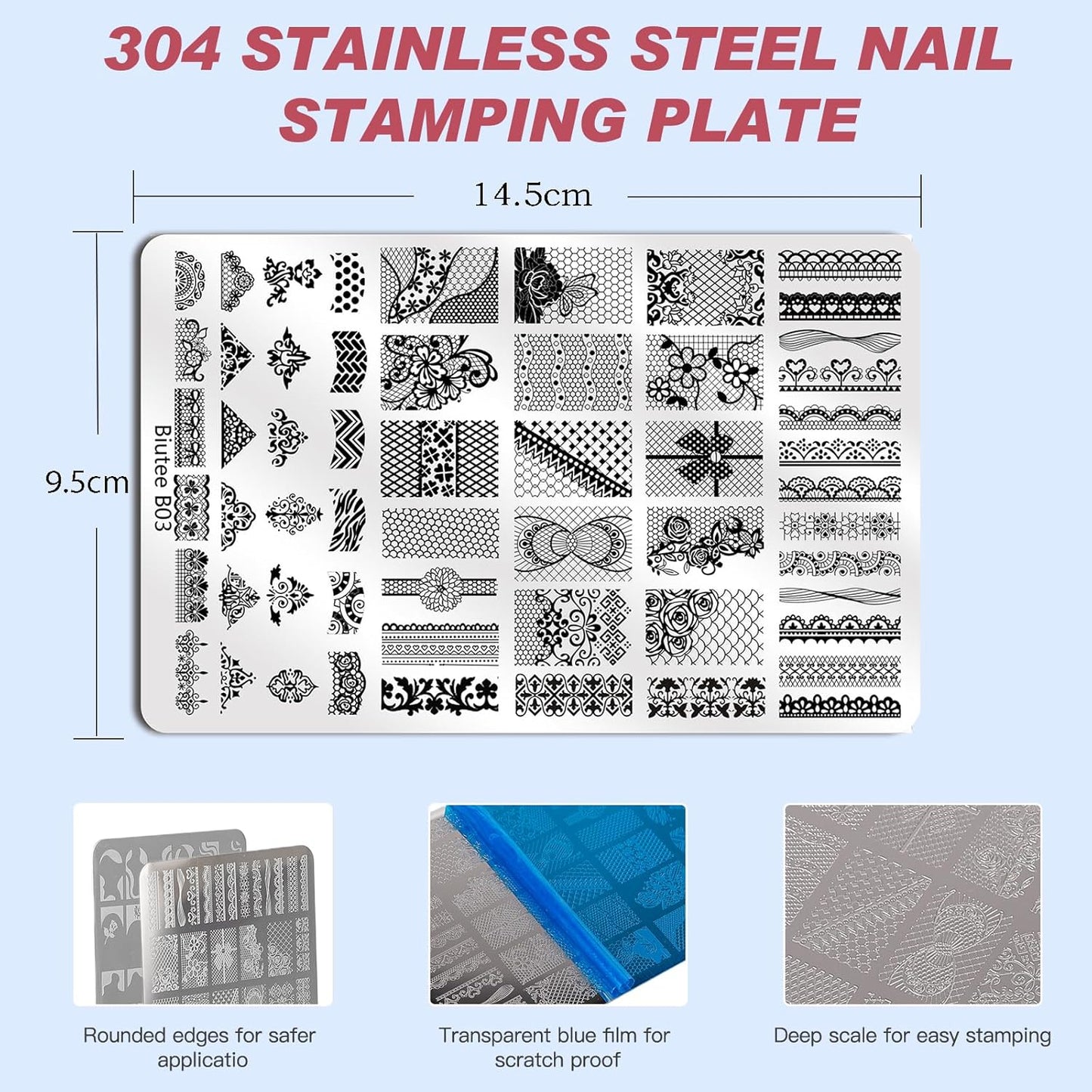 Biutee 2PCS Nail Stamping Plates Set – 110 Patterns French Line, Lace & Flower Nail Art Templates with Scraper & Stamper