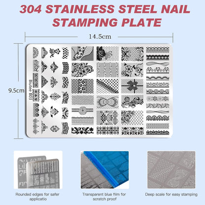 Biutee 2PCS Nail Stamping Plates Set – 110 Patterns French Line, Lace & Flower Nail Art Templates with Scraper & Stamper