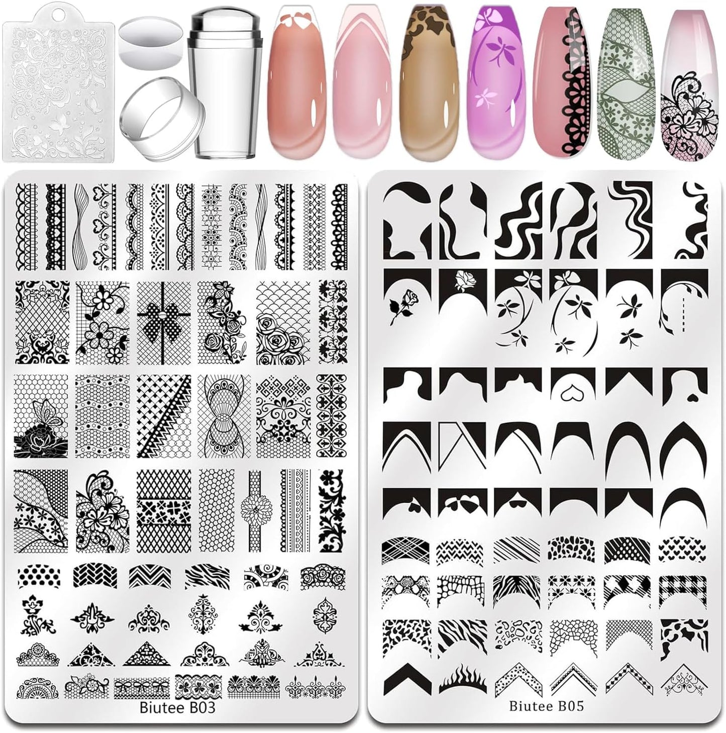 Biutee 2PCS Nail Stamping Plates Set – 110 Patterns French Line, Lace & Flower Nail Art Templates with Scraper & Stamper