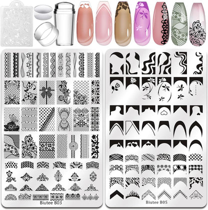 Biutee 2PCS Nail Stamping Plates Set – 110 Patterns French Line, Lace & Flower Nail Art Templates with Scraper & Stamper