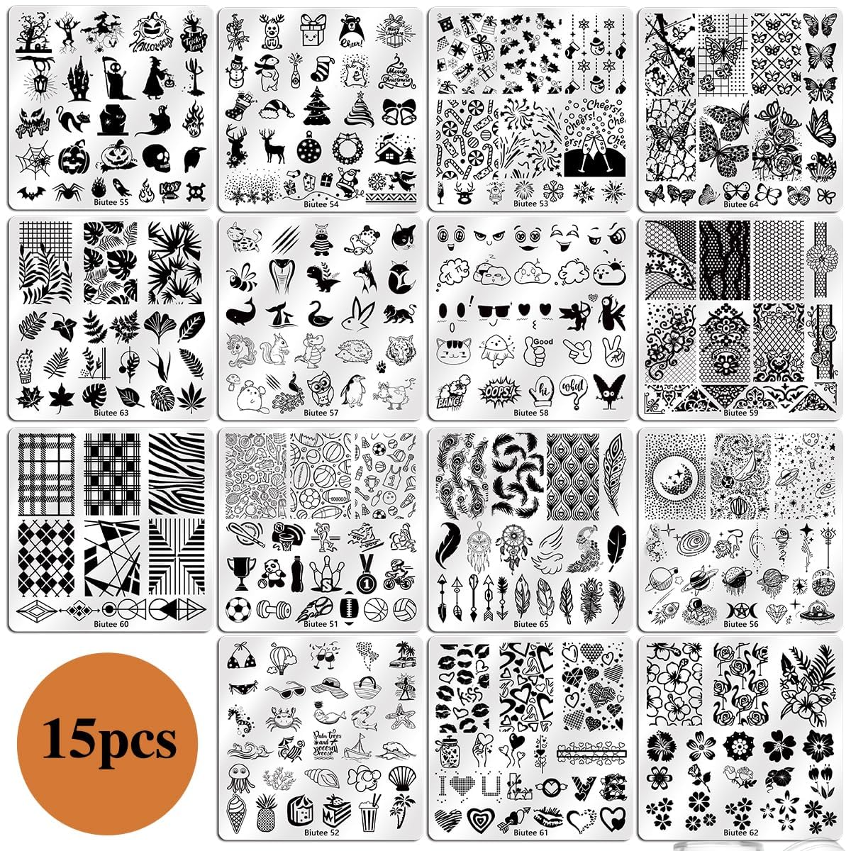 BIUTEE 26 Pieces Nail Stamping Plate Set 15 nail stamping plates 8 stamping nail gels