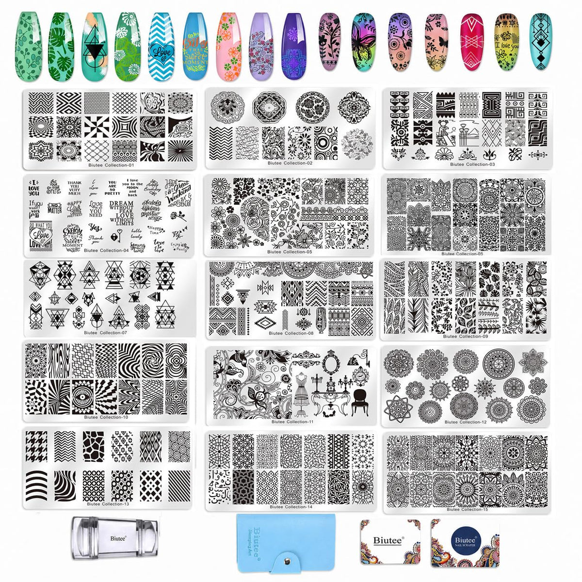 Biutee Nail Stamp Plates 16PCS Nail Stamping Kit 8 Nail Stamping Gel Polish