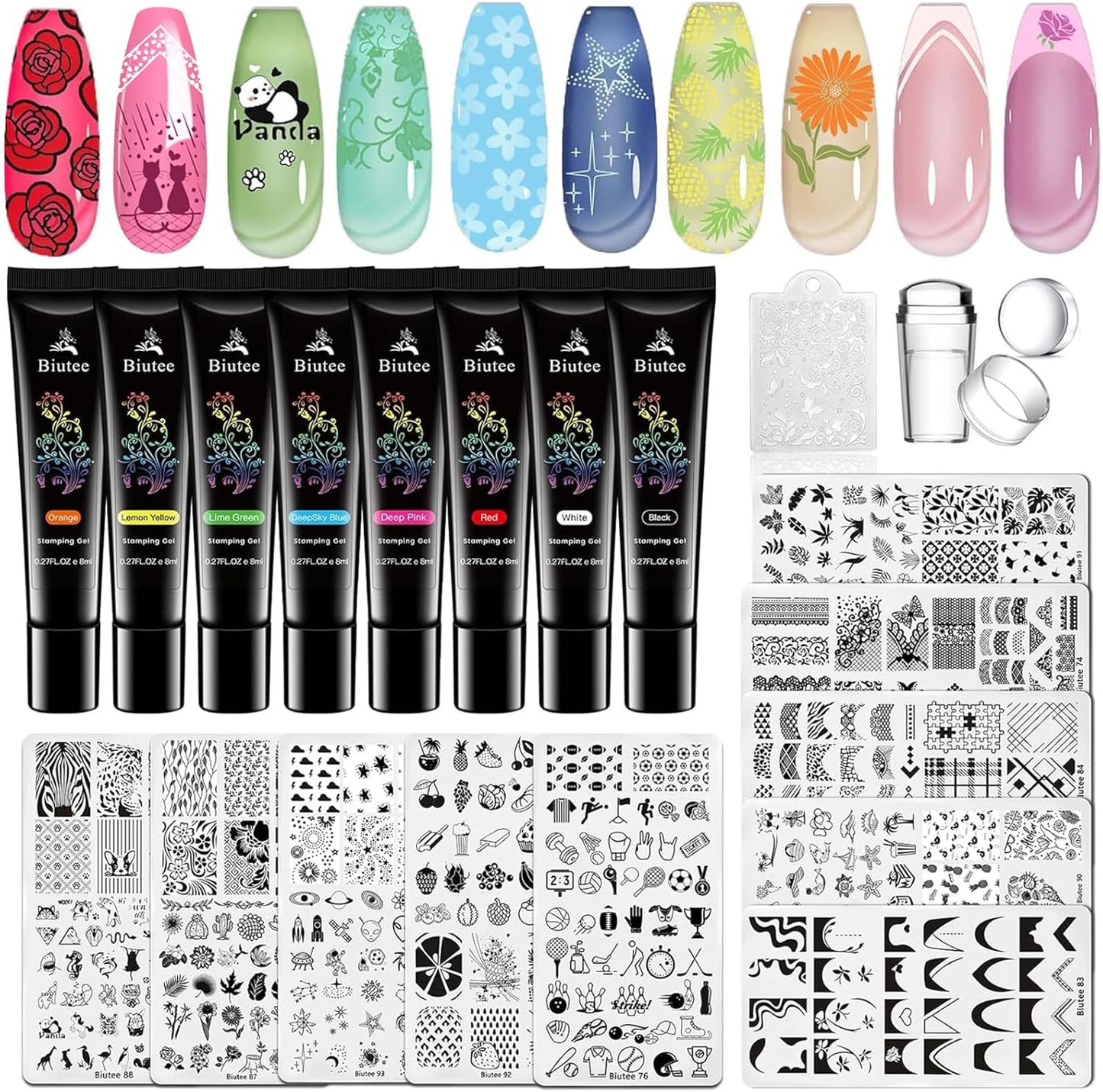 Biutee Fresh Nail Stamping Kit – 10 Plates, Stamper & 8 Colors Gel