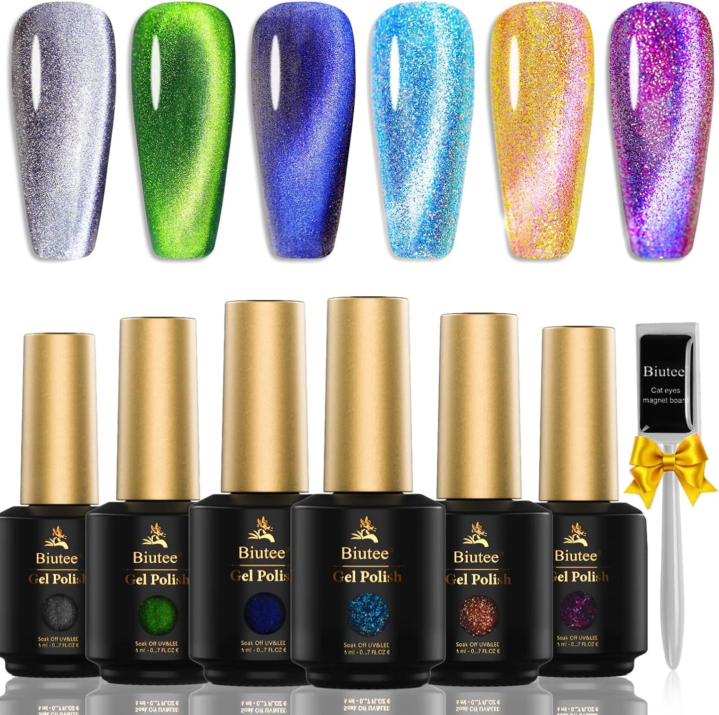 Biutee Magnetic Cat Eye Gel Set – 6 Colors, 8ml UV/LED Soak-Off, Light-Changing & Glitter Nail Polish