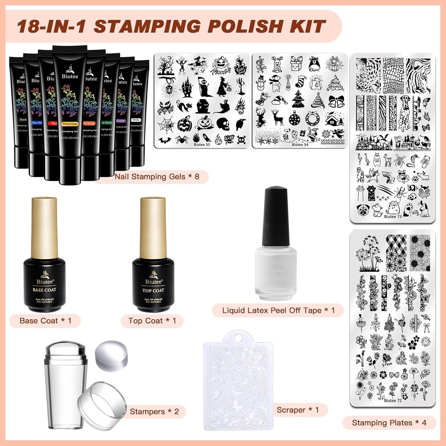 BIUTEE 8 Colors Nail Stamping Polish Gel Kit – Stamper, Templates, Peel Off Tape, Top Coat & Scraper for DIY Nail Art Design