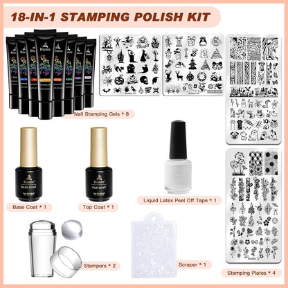 BIUTEE 8 Colors Nail Stamping Polish Gel Kit – Stamper, Templates, Peel Off Tape, Top Coat & Scraper for DIY Nail Art Design