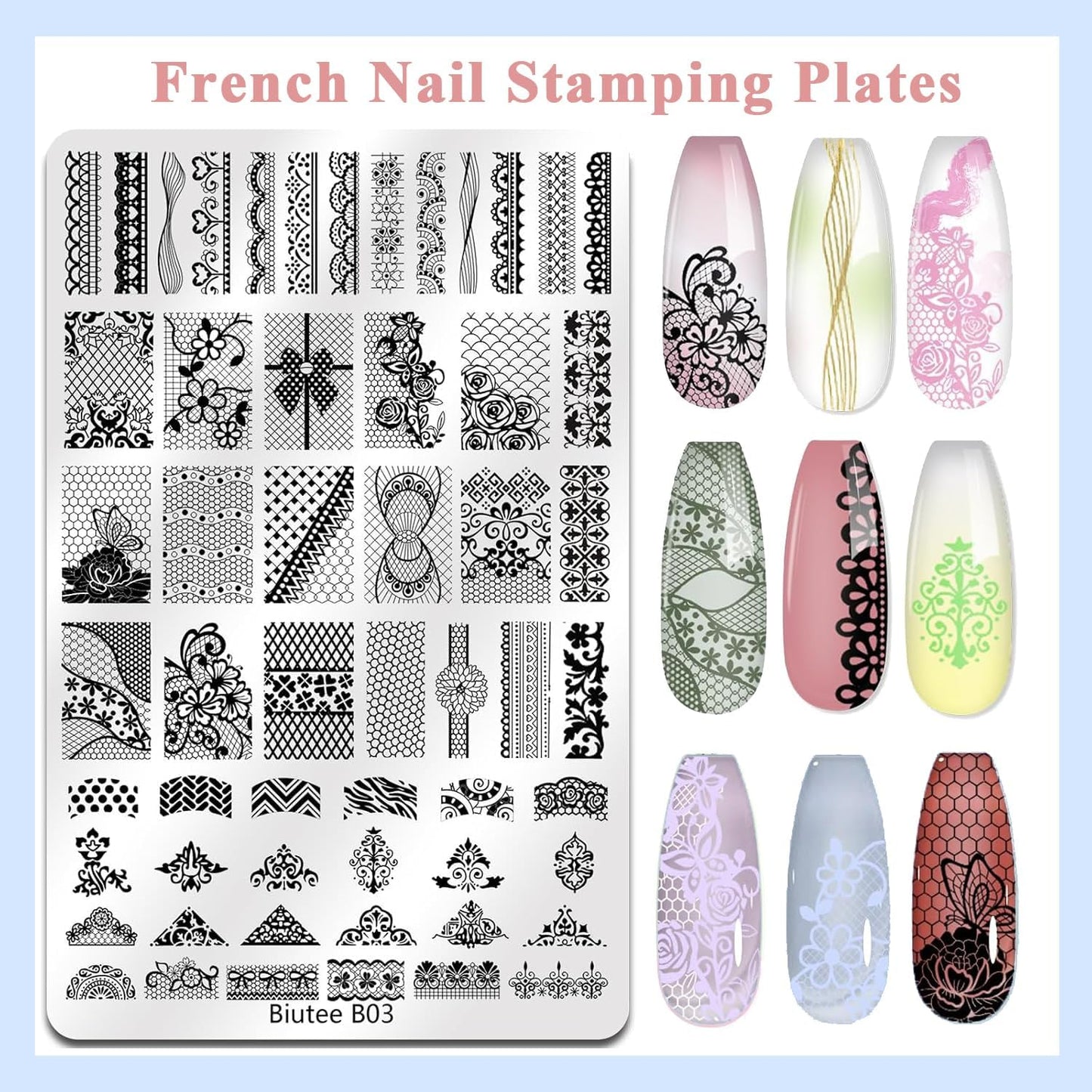 Biutee 2PCS Nail Stamping Plates Set – 110 Patterns French Line, Lace & Flower Nail Art Templates with Scraper & Stamper