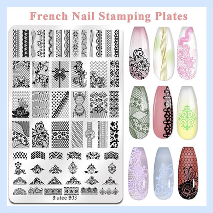 Biutee 2PCS Nail Stamping Plates Set – 110 Patterns French Line, Lace & Flower Nail Art Templates with Scraper & Stamper