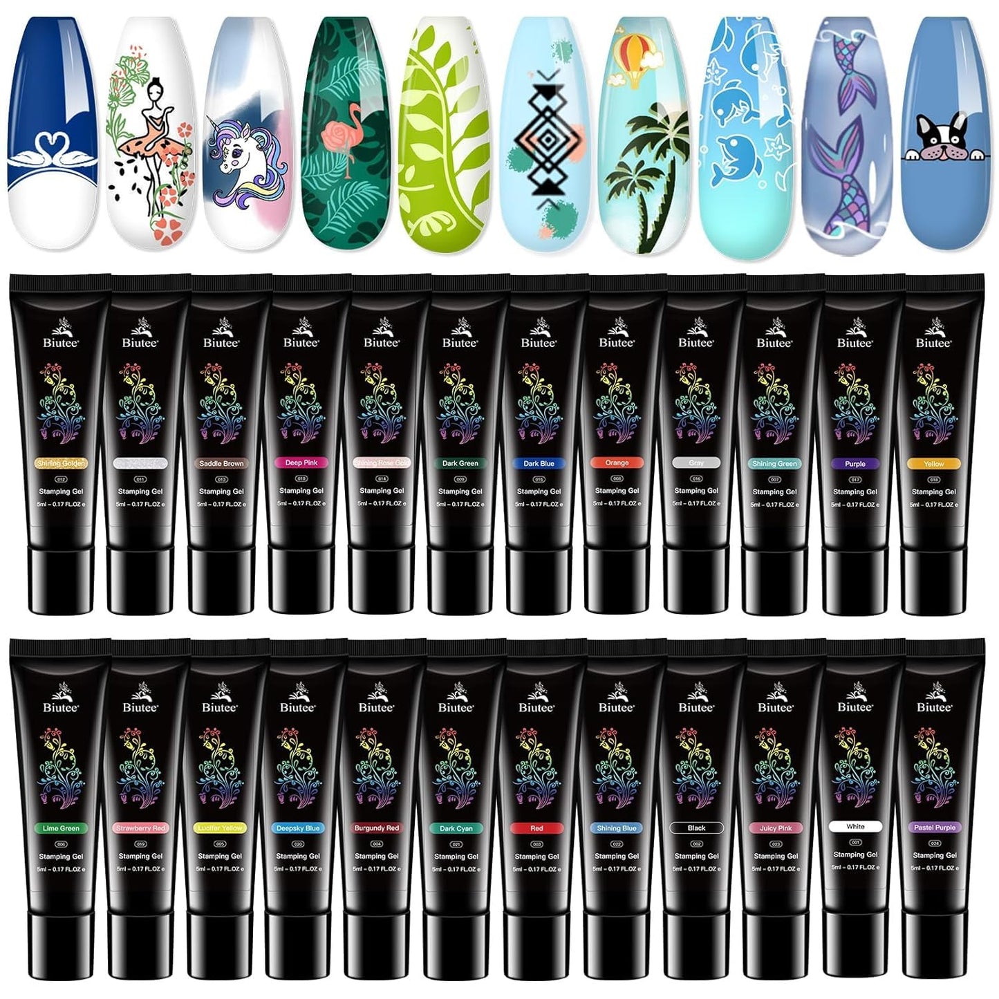 Biutee Nail Stamping Gel Polish Set – 24 Colors UV LED 5ml for Nail Art Plates