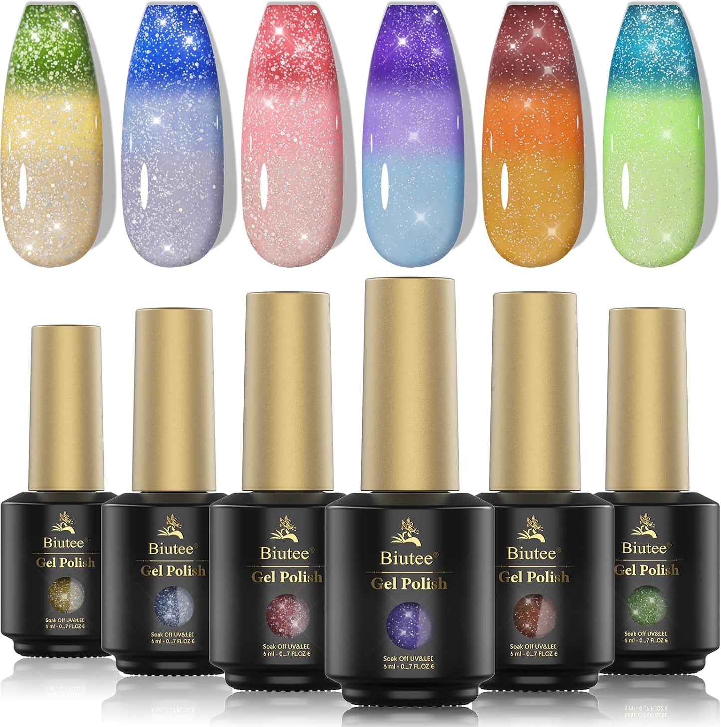 Biutee Reflective Cat Eye Gel Set – 6 Sparkling Aurora Colors for DIY Nails
