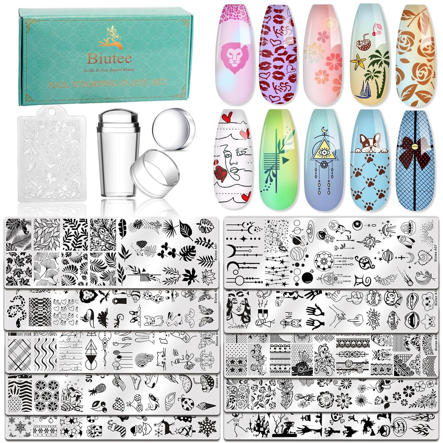 BIUITEE Nail Stamping Kit – 15 Mini Plates, Silicone Stamper, Scraper & Storage Bag