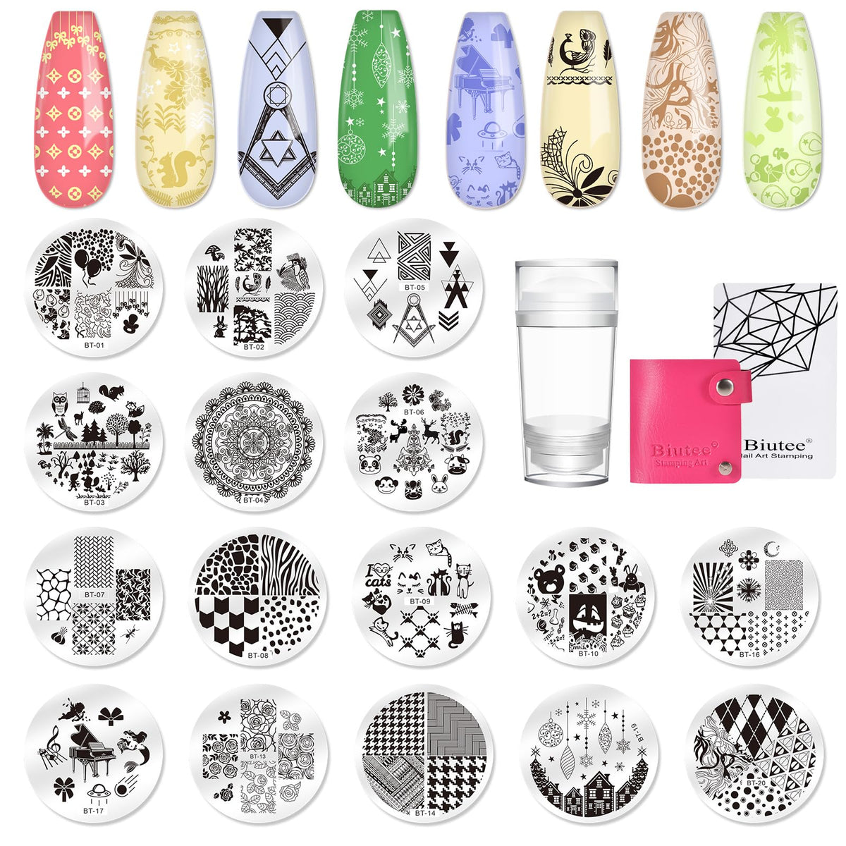 Biutee Nail Stamp Plates 16PCS Nail Stamping Kit 8 Nail Stamping Gel Polish