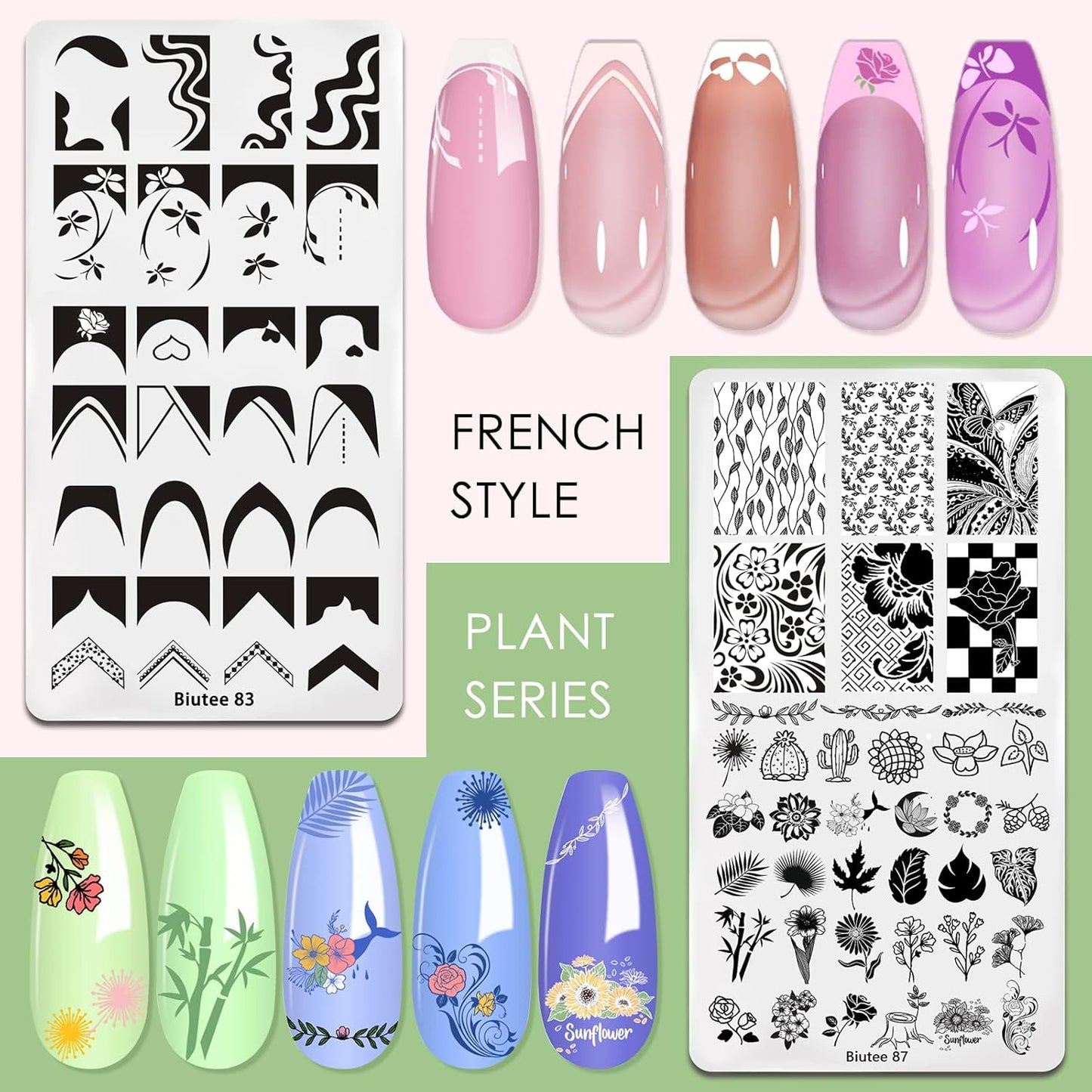 Biutee Nail Art Stamping Plates Set – 10PCS French Line Templates with Stamper