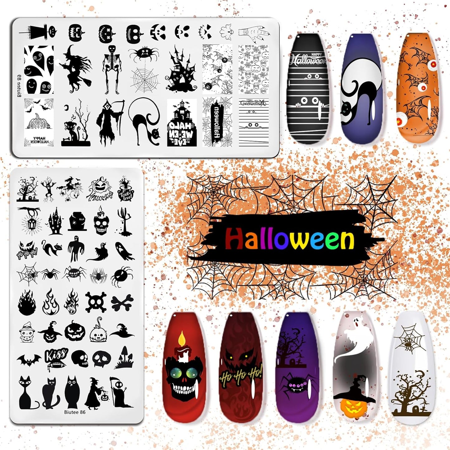 Biutee Nail Stamping Kit – 10 Plates & 8 Gel Polish, French & Halloween Designs