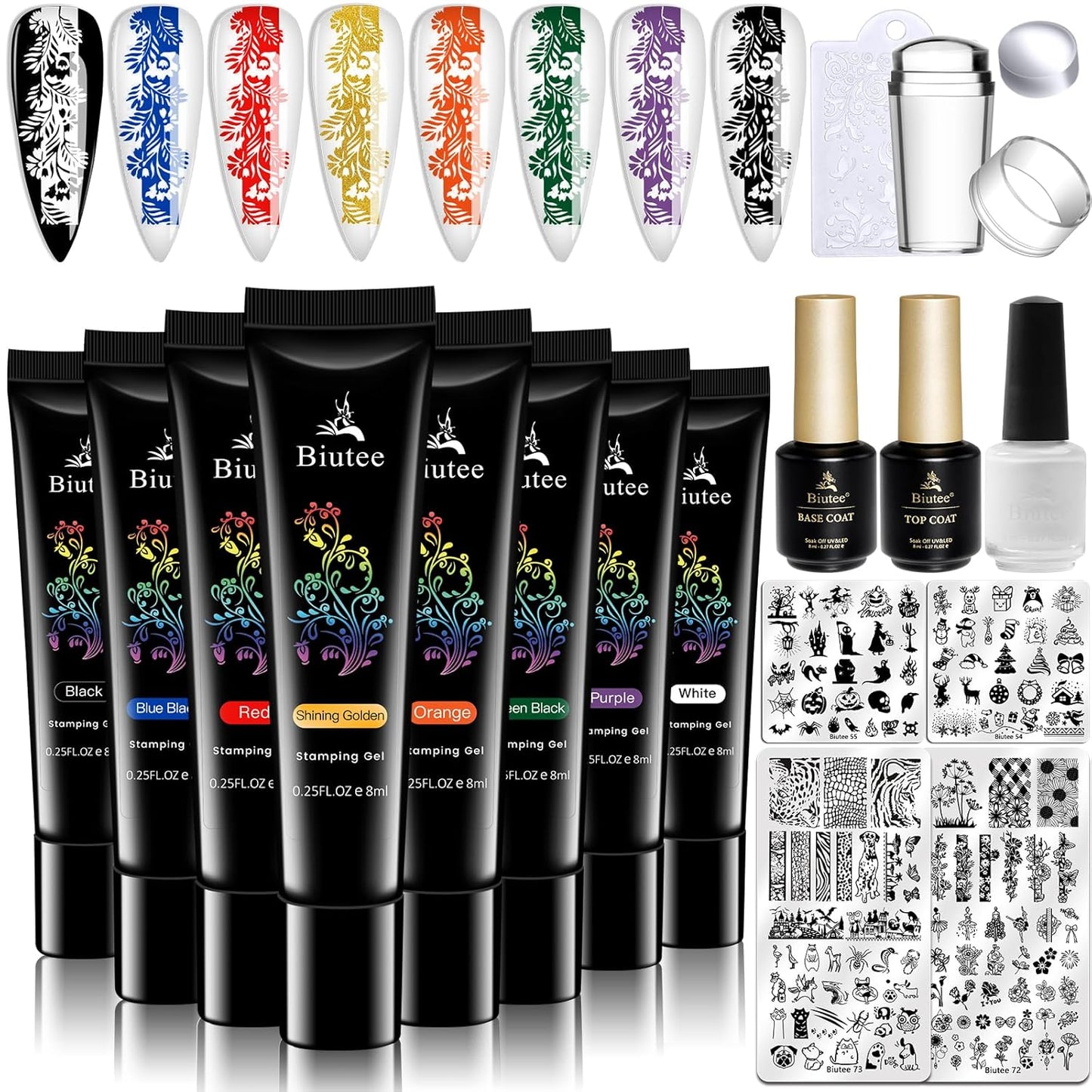 BIUTEE 8 Colors Nail Stamping Polish Gel Kit – Stamper, Templates, Peel Off Tape, Top Coat & Scraper for DIY Nail Art Design