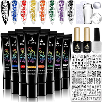 BIUTEE 8 Colors Nail Stamping Polish Gel Kit – Stamper, Templates, Peel Off Tape, Top Coat & Scraper for DIY Nail Art Design